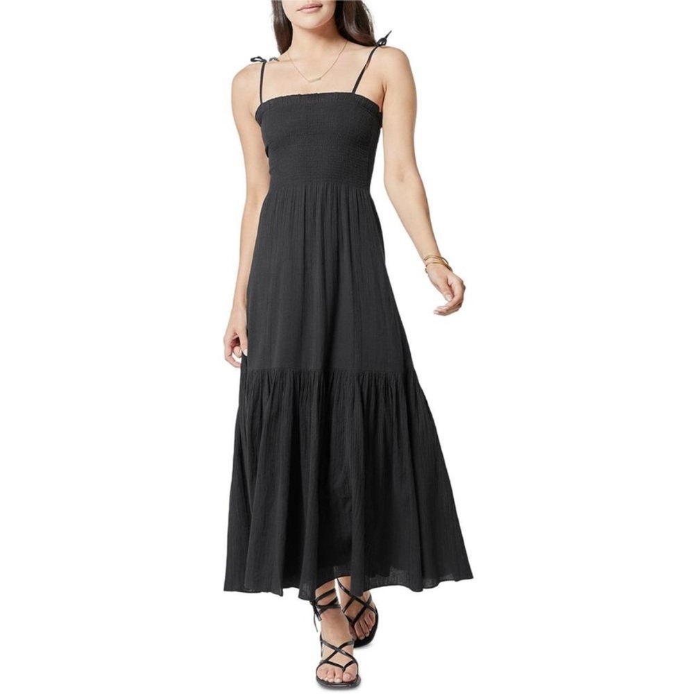 Joie Jailene Black Caviar Smocked Spaghetti Strap Maxi Dress Size M Tiered